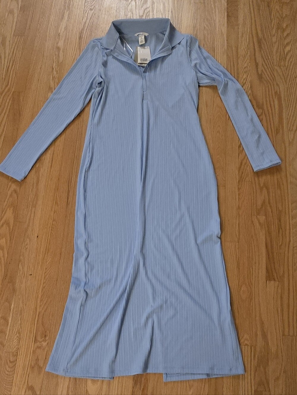 Light Blue Ribbed Long-Sleeve Maxi Dress with Polo Collar